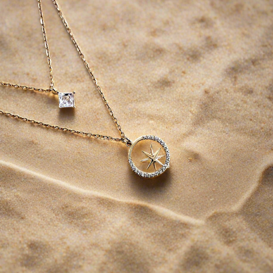 Anti-tarnish dual layer necklace close-up jewellery details