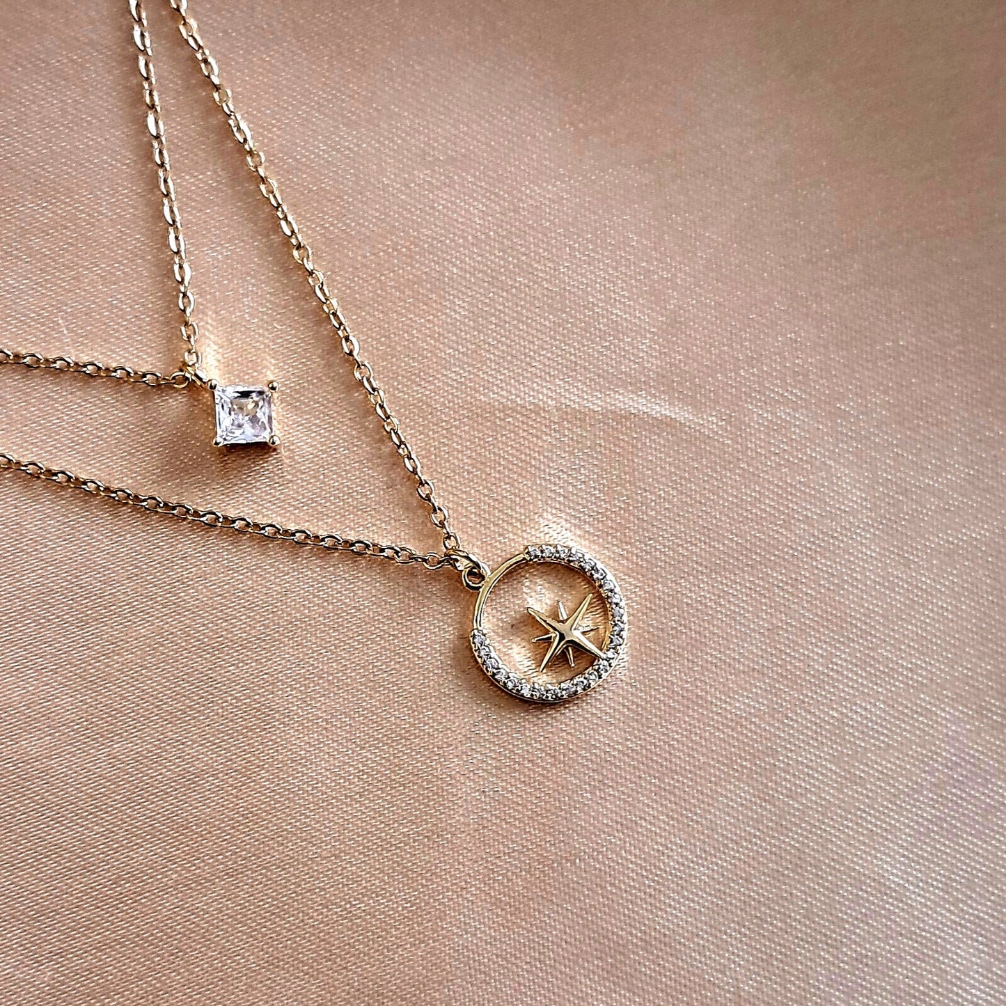 Golden dual layer necklace elegant design on display