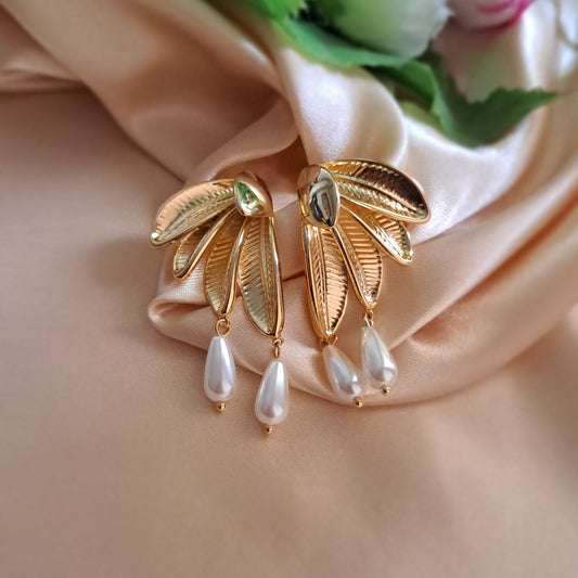 Leaf golden earrings with white pearls nature-inspired jewellery