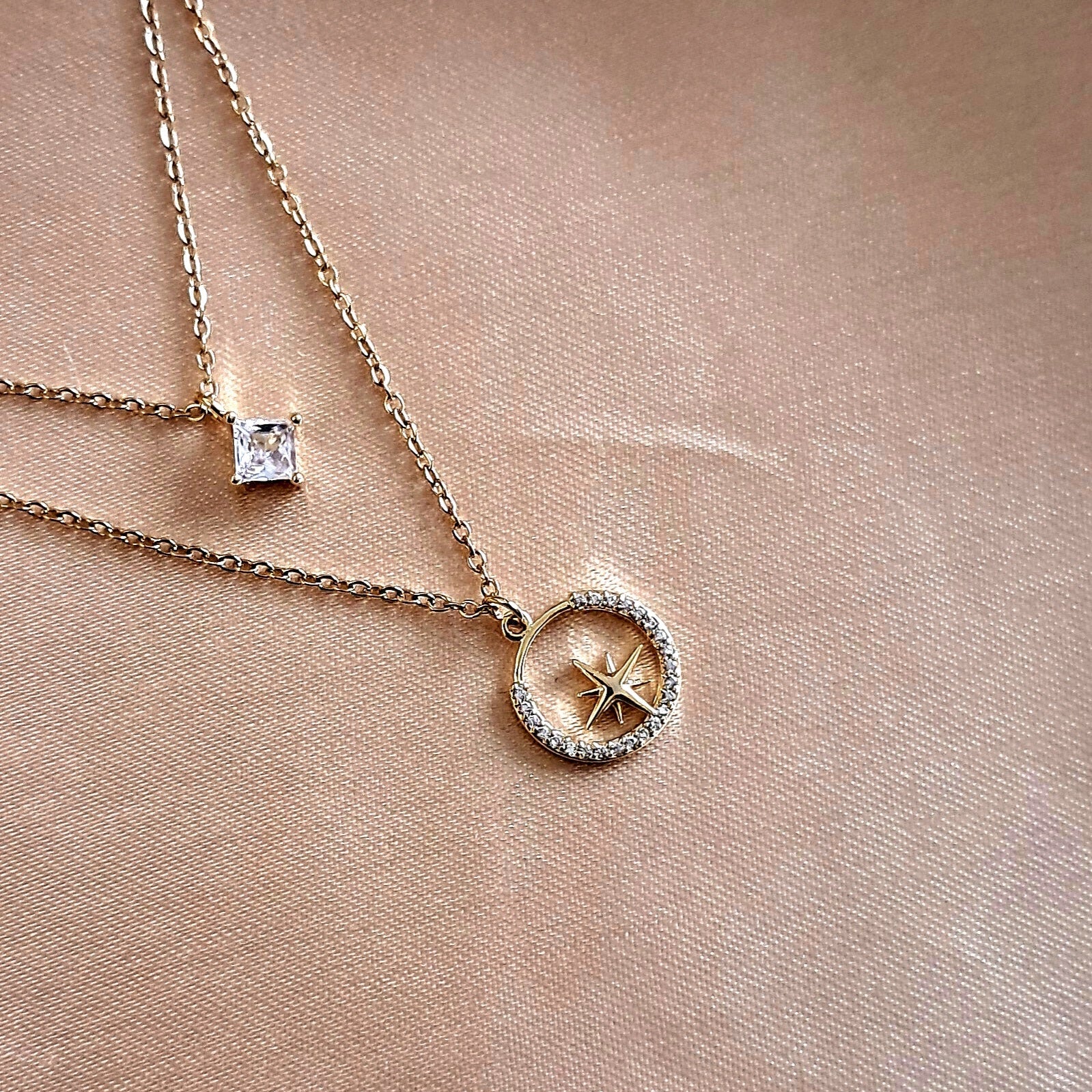 Golden dual layer necklace elegant design on display